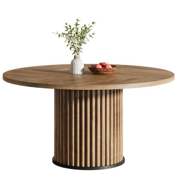 Roesler Rustic Brown Wood 47 in. Wood Circular Round Pedestal Dinning Room Dining Table Seat 4 Industrial Modern