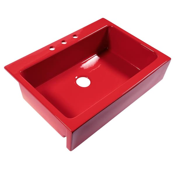 SINKOLOGY Josephine 34 in. 3-Hole Quick-Fit Farmhouse Apron Front Drop-in Single Bowl Gloss Red Fireclay Kitchen Sink