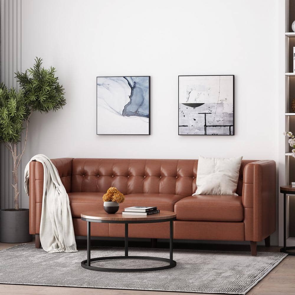 Cognac Brown Faux Leather Tufted Tuxedo Sofa with Wood Accents