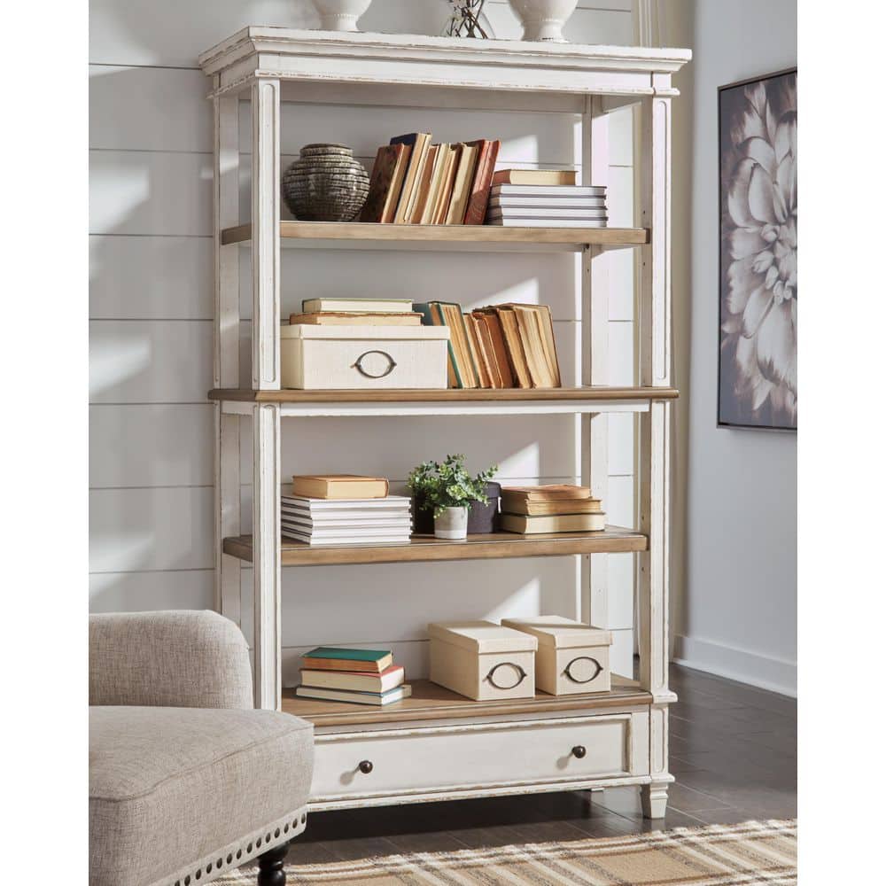 Chipped White & Distressed Wood Rustic Bookcase with Drawer