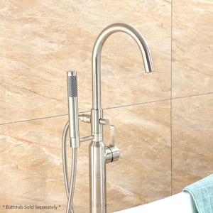 Modern Freestanding Single-Handle Floor-Mount Roman Tub Faucet Filler with Hand Shower in Brushed Nickel