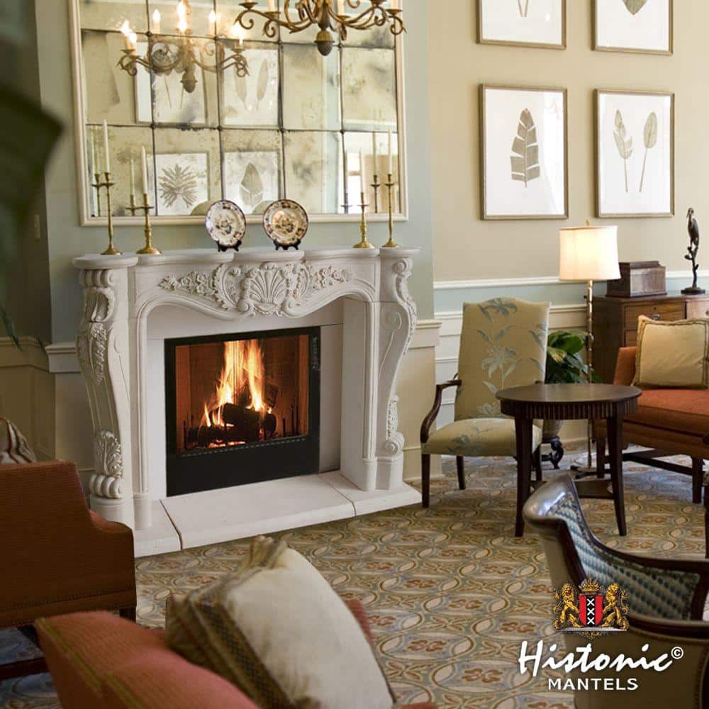Distressed Ivory Sand Cast Stone Fireplace Mantel with Hearth