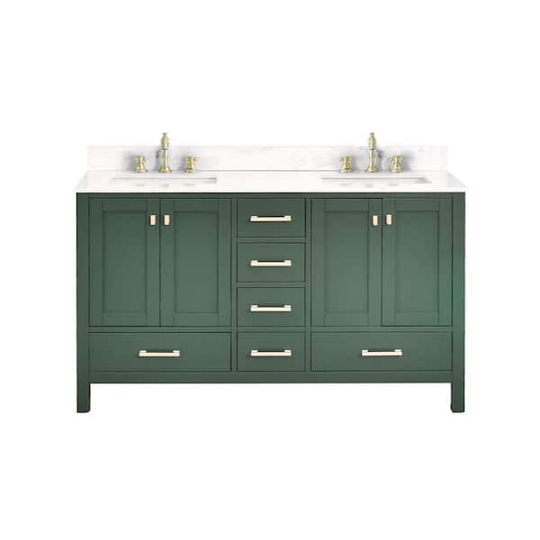 Bath Mist 60 in. W. Double Sink Freestanding Bath Vanity in Green with White Engineered Top