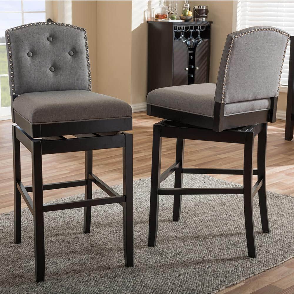 Elegant Gray Fabric Swivel Barstool Set with Button Tufting and Nailhead Trim