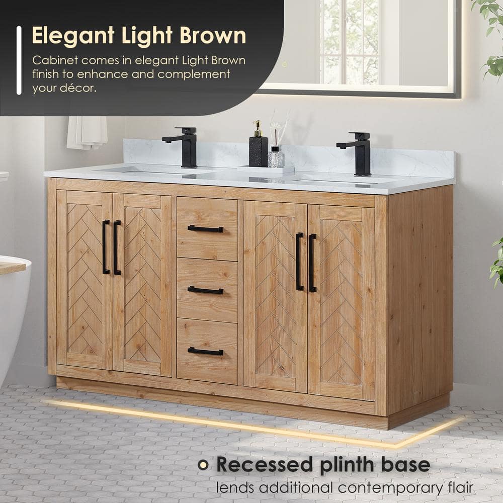Anais 60" Light Brown Wood Vanity with White Stone Top