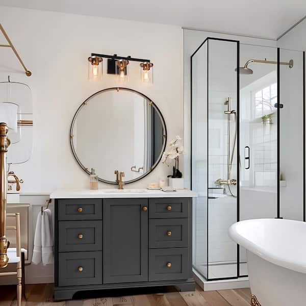 20 in. Modern 3-Light Black Vanity Light, Transitional Brass Gold Bathroom Wall Light with Clear Glass Shade, Bath Light