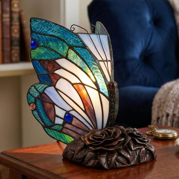 9 in. Multi-Colored Tiffany Style Pointed Wing Butterfly LED Table Lamp