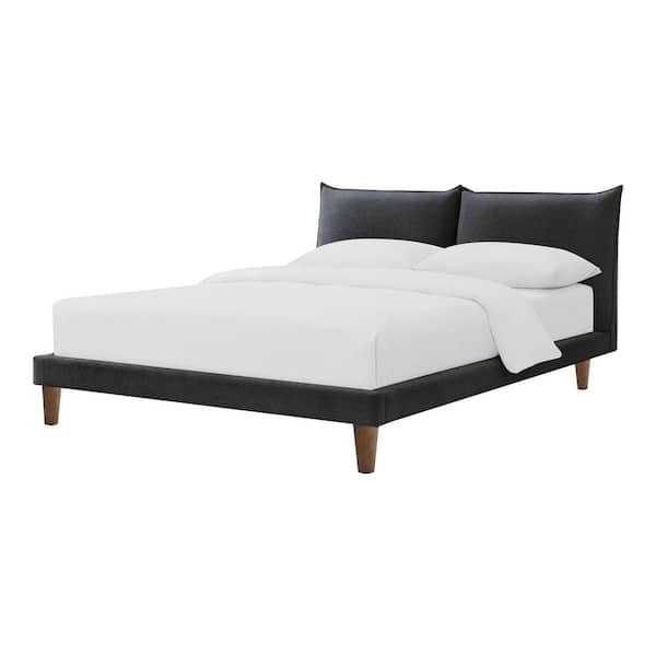 Jaron Gray Wood Frame King Platform Bed with Pillow Top Headboard and Flange Trim