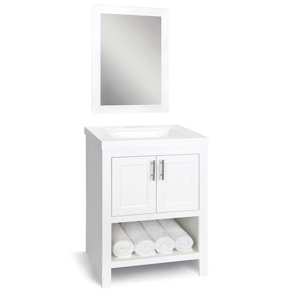 Glacier Bay Spa 24.5 in. W x 18.8 in. D x 35.5 in. H Single Sink Bath Vanity in White with White Cultured Marble Top and Mirror