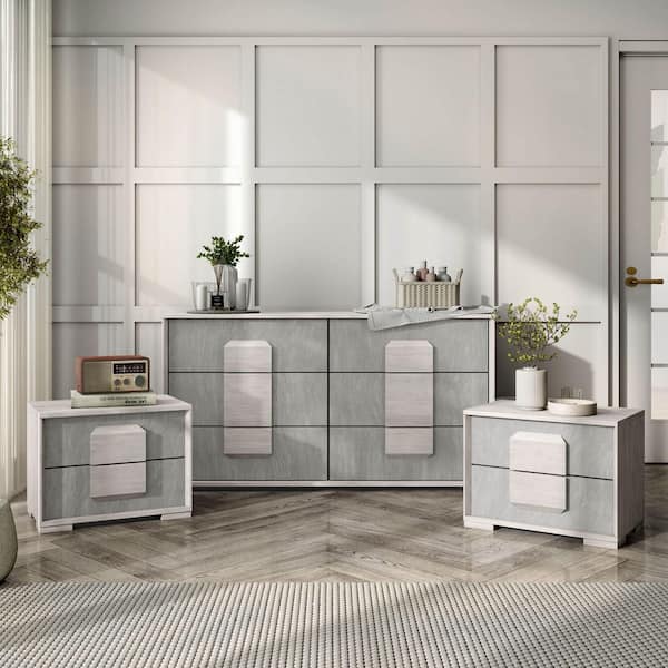 Bulevard 3-Piece Modern Washed White and Stone Gray 2-Drawer Set of 2 Nightstands and Dresser Bulevard 3-Piece Modern Washed White and Stone Gray 2-Drawer Set of 2 Nightstands and Dresser