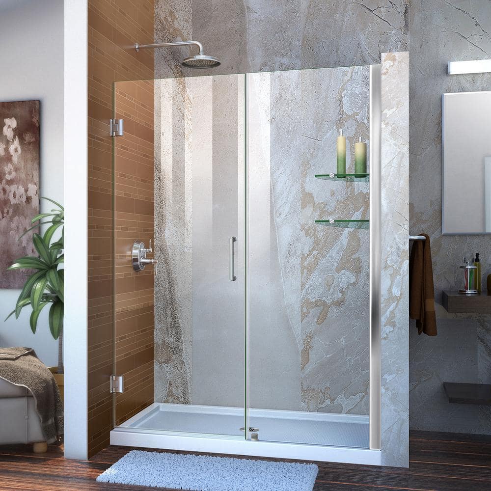 Unidoor Frameless Hinged Clear Glass Shower Door with Black Hardware