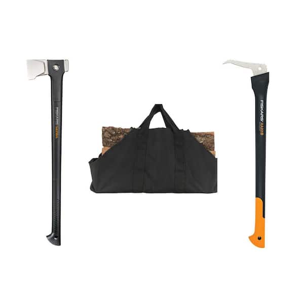 U32 Ultra Axe, Hookaroon Pick, and Canvas Log Tote, Chop, Load, and Lift 75lbs. of Firewood