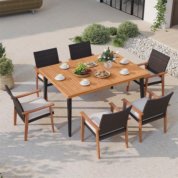 7 Piece Wood Patio Outdoor Dining Table Set with Tabletop, 1.97" Umbrella Hole, Removable White Cushion