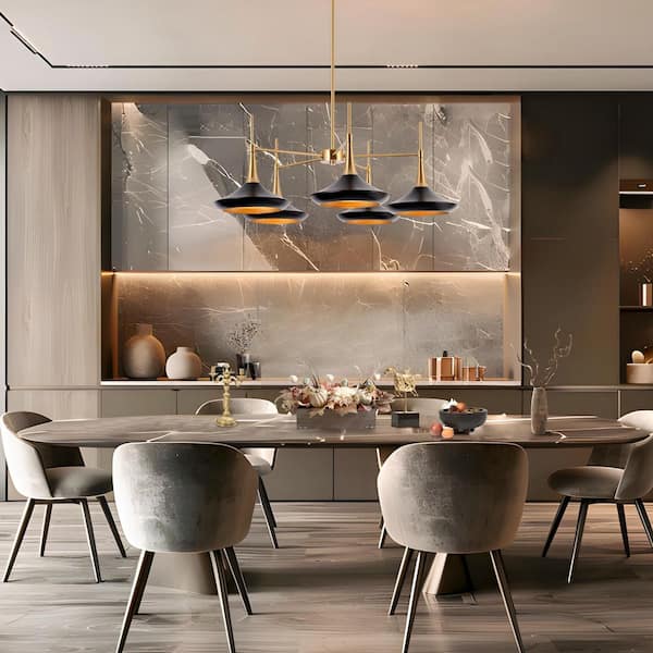Phapri Modern Black Island Chandelier with Bell Metal Shades for Kitchen 5-Light Plated Brass Dining Hanging Pendant