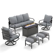 7 Seat 6-Piece Metal Outdoor Patio Conversation Set with Gray Cushions, Swivel Chairs, Rectangular Fire Pit Table