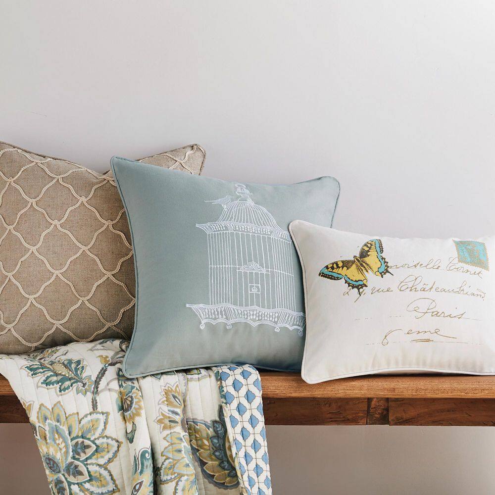 White Cotton Rectangular Butterfly Embroidered Throw Pillow