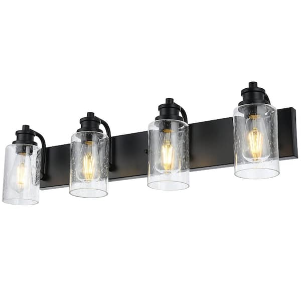 Industrial Modern 4-Light Bathroom Vanity Light with Seedy Glass Shades, Matte Black