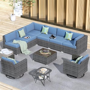 Messi Grey 10-Piece Wicker Outdoor Patio Conversation Sofa Set with Swivel Rocking Chairs and Denim Blue Cushions