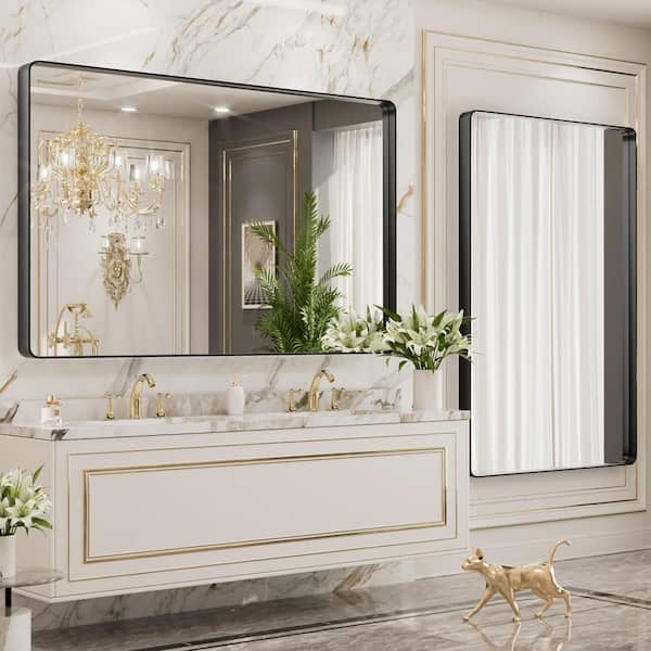 55 in. W x 36 in. H Rectangular Framed French Cleat Wall Mounted Tempered Glass Bathroom Vanity Mirror in Matte Black