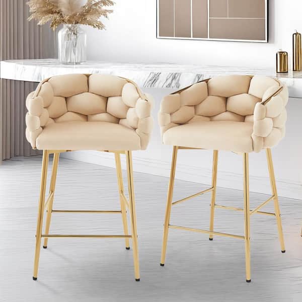 CHRISTOPHER KNIGHT HOME Nivora 28 in. Modern Upholstered Flannelette Counter Stools, Metal Frame, Beige + Gold, Set of 2