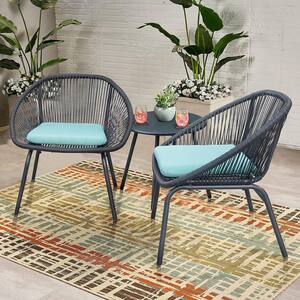 Black 3-Piece Metal Round Table Outdoor Rattan Outdoor Bistro Set with Green Cushion