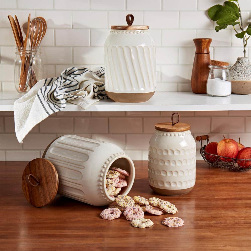 Embossed White Ceramic Canister Set with Acacia Wood Lids, 3 Piece