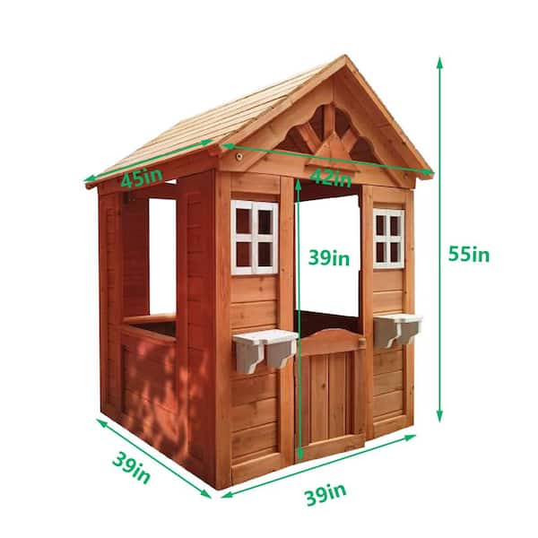 Tunearary Outdoor Patio Blonde Red Wooden Children's Play House with 2 Windows and Planter Shelves
