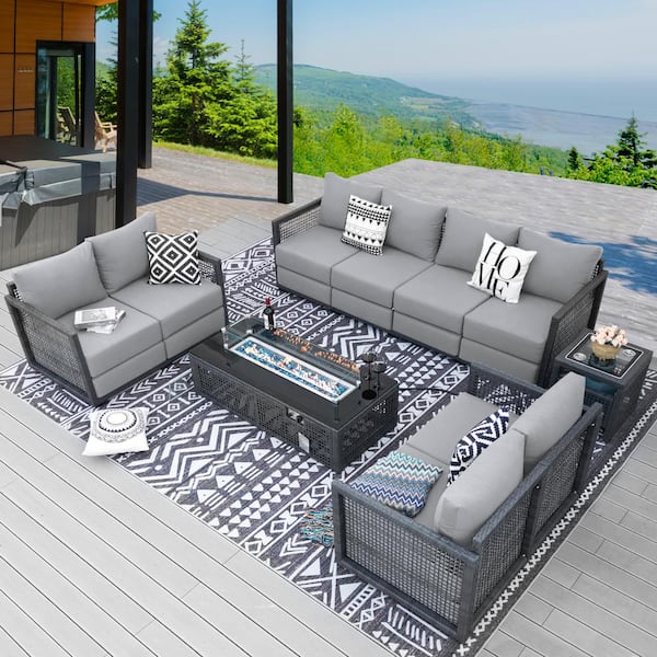 FINCATI 8-Person Luxury Patio Outdoor Gray Wicker Deep Seating Sofa Set, Fire Pit and Light Gray Cushions
