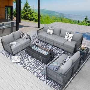 8-Person Luxury Patio Outdoor Gray Wicker Deep Seating Sofa Set, Fire Pit and Light Gray Cushions