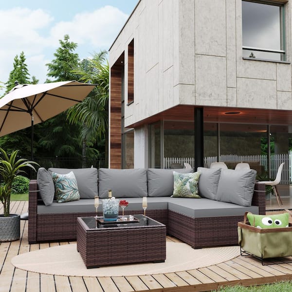 UPHA 5-Piece Wicker Patio Conversation Sectional Seating Set with Light Gray Cushions