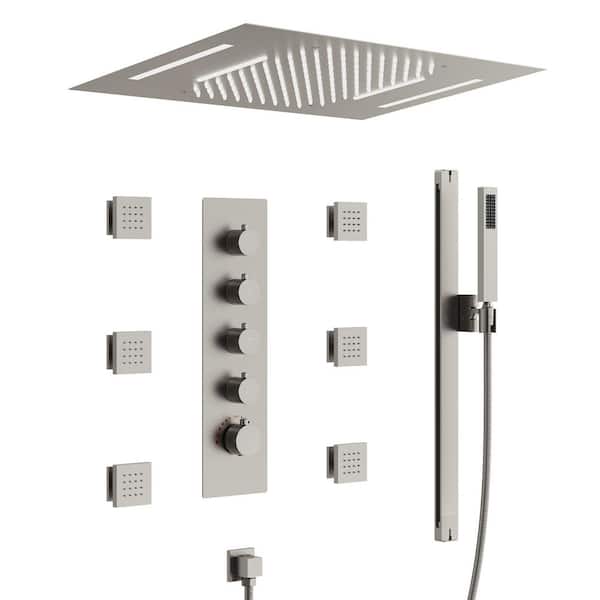 15-Spray 23 in. Ceiling Mount Rectangular Waterfall Fixed and Handheld Shower Head with LED in Brushed Nickel