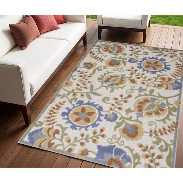 Ivory, Blue 4 ft. x  6 ft. Woven Abstract Polyester Runner Indoor/Outdoor Area Rug