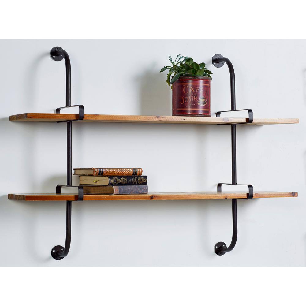Brown Iron and Fir Wood 2-Tier Wall Shelf, 37" x 29"