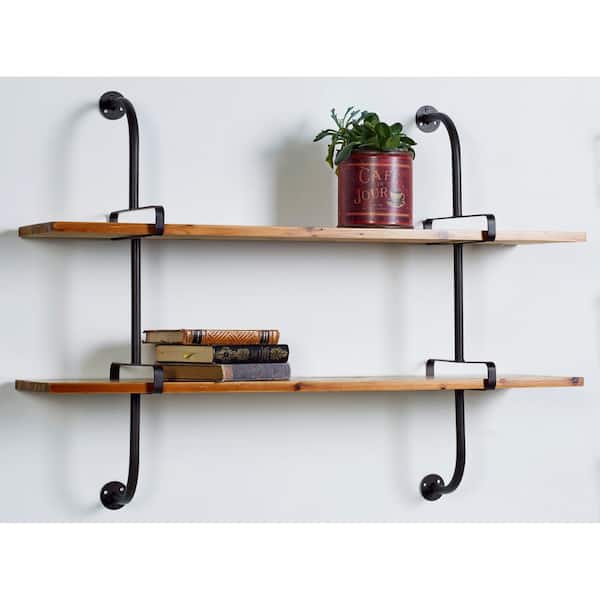 37 in. x 29 in. Brown 2 Level Wood Wall Shelf with Black Metal Frame