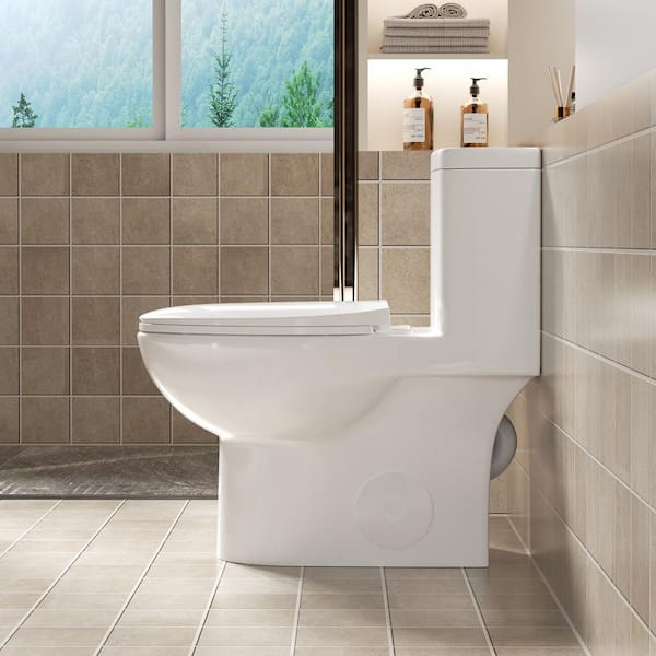 1-Piece 1.1/1.6 GPF Dual Flush Rimless Bowl Toilet in Glossy White Soft Close Seat Included