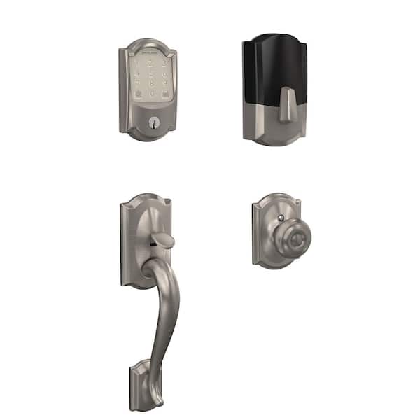 Schlage Camelot Satin Nickel Encode Smart Wi-Fi Deadbolt with Alarm and Entry Door Handle with Georgian Knob and Camelot Trim