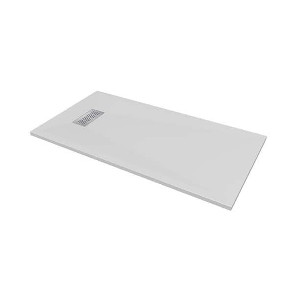 32 in. W x 60 in. L x 1.125 in. H Alcove Solid Composite Stone Shower Pan Base with L/R Drain in White Sand