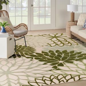 Aloha Ivory Green 10 ft. x 14 ft. Floral Contemporary Indoor/Outdoor Area Rug