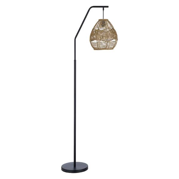 Maxax Chicago 65 in. H Matte Black Arc Floor Lamp with Natural Rattan Lantern Shade