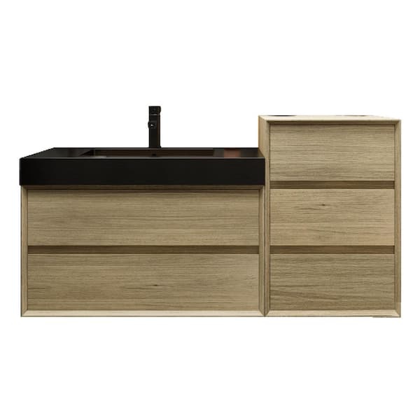MIA 55 in. W. x 20 in. D x 30 in. H Single Sink and Side Cabinet Bath Vanity in Teak Oak with Black Stainless-Steel Top