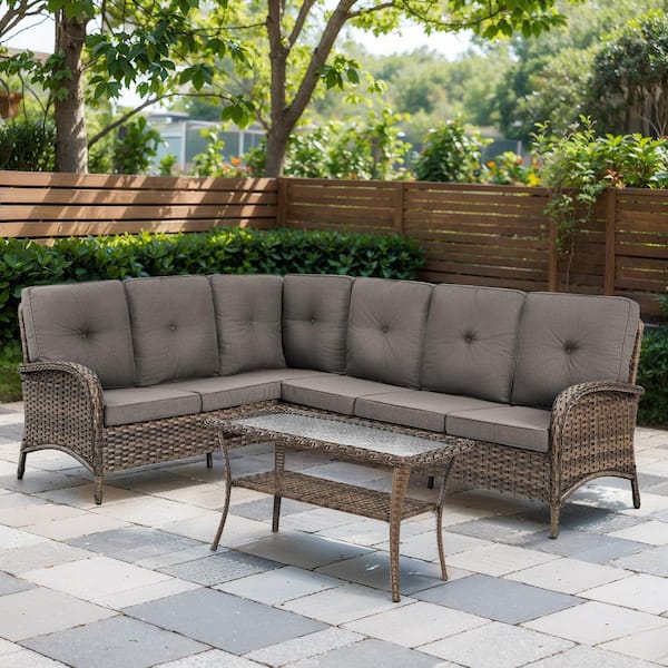 3-Piece Brown Wicker Outdoor Sectional Set with Olefin Gray Cushions and L-Shaped Sofa/Coffee Table