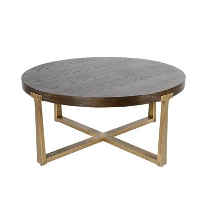 36 in. Gold Medium Round Wood Coffee Table with Cross Gold Legs
