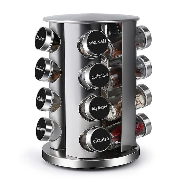 16-Jar Revolving Countertop Spice Rack with Stainless Steel Carousel and Labels