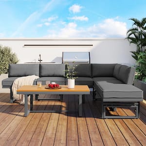 3-Piece Metal Outdoor Sectional Multi-Functional Sofa Set with Height-adjustable Seating, Coffee Table and Grey Cushions