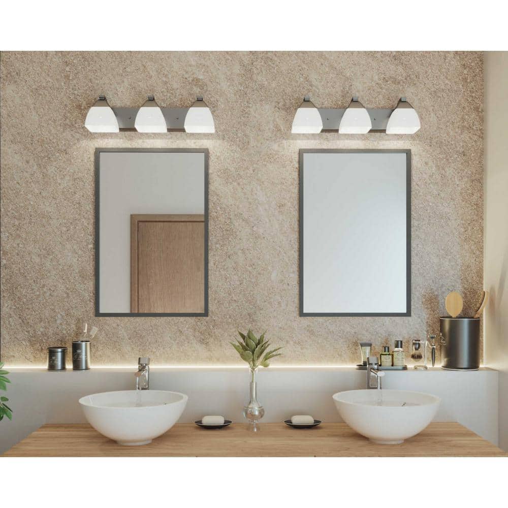 Brushed Nickel 3-Light Bath Vanity with Etched White Glass Shades