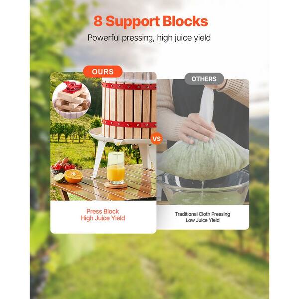 1.6 Gal. /6 l Fruit Wine Press, Solid Wood Basket w/ 8-Blocks, Manual Juice Maker, Cider, Apple, Grape, Olive Oil Press