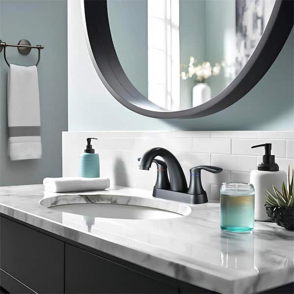 4 in. Centerset Double Handle High Arc Bathroom Faucet with Drain Kit Included in Matte Black