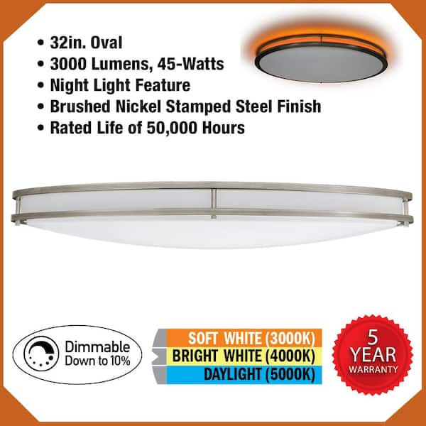 Orbit 32 in. Brushed Nickel Oval LED Flush Mount Ceiling Light Night Light 3000 Lumens 42W Adjustable CCT Dimmable
