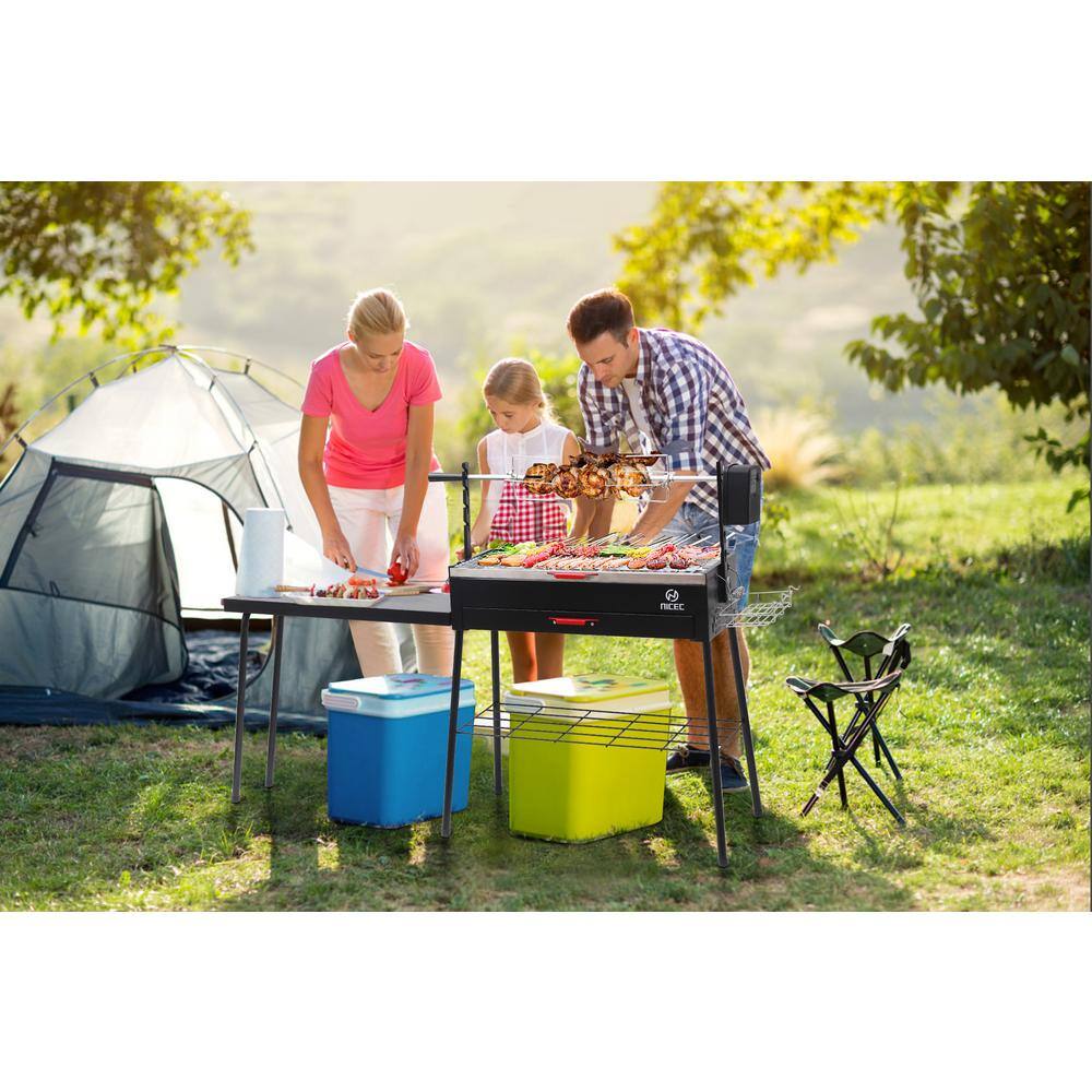 Portable Black Stainless Steel Rotisserie Charcoal Grill with Side Table