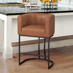 Siska 26 in. Modern Brown Faux Leather Upholstered Counter Stool with Black Metal Frame Barrel Counter Bar Stool